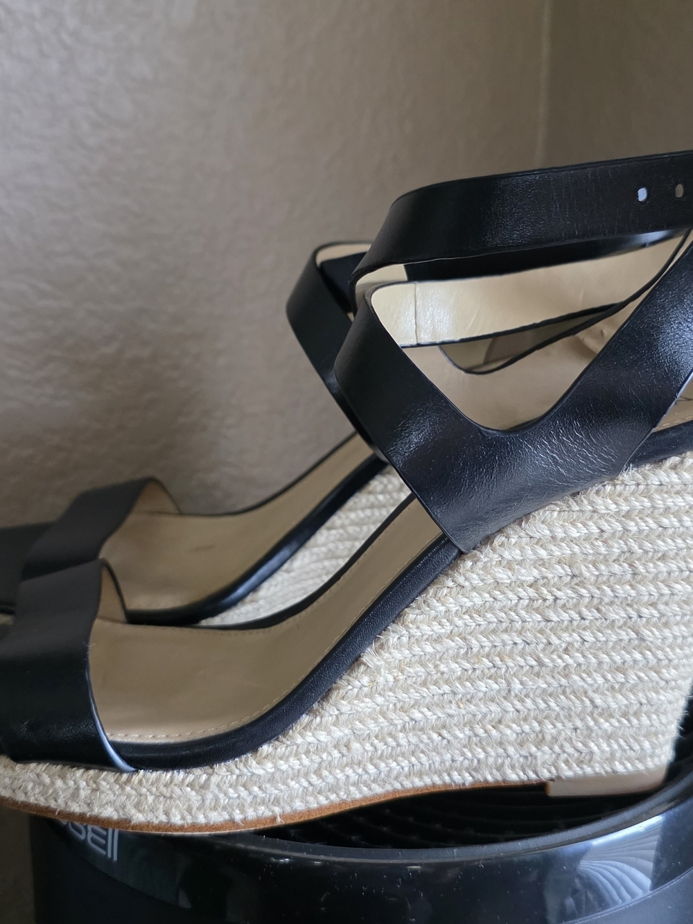 Michael Kors Black Crisscross Leather Wedge Sandals with Gold Buckles - Picture 3 of 5